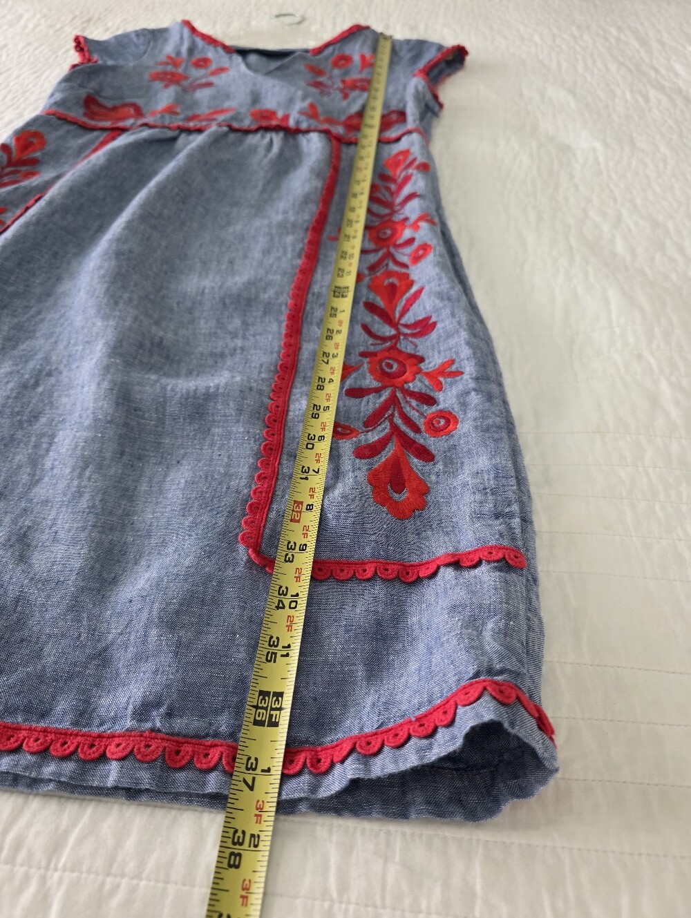 Boden Chambrey Linen Blue Embroidered Shift Dress with Red Floral Accents US 4 - Picture 7 of 16